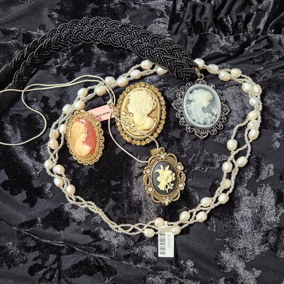 [SOLD] NWT 7 Cameo Set - Necklaces Brooches inc one oversized brooch & moonstone - Picture 1 of 2